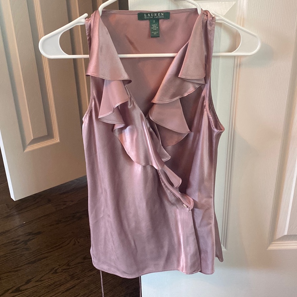 LAUREN Ralph Lauren dusty rose 100% silk ruffle wrap top size 2